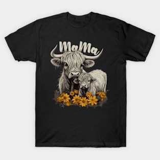 Mama Highland Cow With Baby Calf Flower Animal T-Shirt